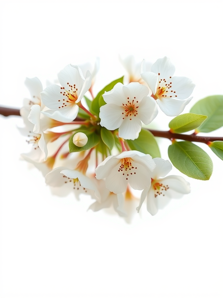Create a high-resolution digital illustration of a bouquet of fluffy white flowers on a brown branch, with soft green leaves, against a transparent background, using a Canon EOS R5 with an aperture of f/2.8, a shutter speed of 1/200s, and a focal length of 50mm, in a natural lighting setting for enhanced color and detail.