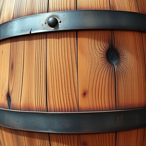 Create a detailed, high-resolution image of a wooden barrel with visible wood grain and metal bands, shot with a DSLR camera at f/4 aperture, ISO 100, 50mm lens, in natural soft lighting from the side to enhance texture and depth.