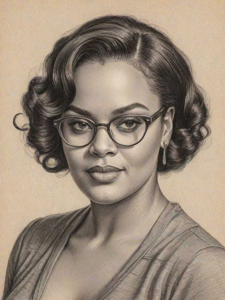 Stunning Jill Scott, pencil sketch, portrait of Stunning woman 1934s in glasses, hair style beatnik, outline, clear lines, fine lines, 8k