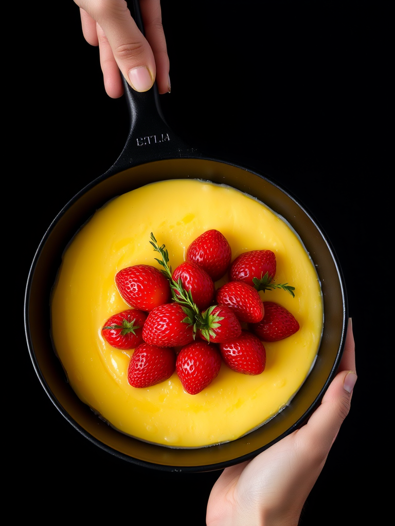 A beautifully arranged dessert in a black pan featuring a smooth golden base topped with vibrant red strawberries and herbs, with a hand holding the pan, set against a dark background.