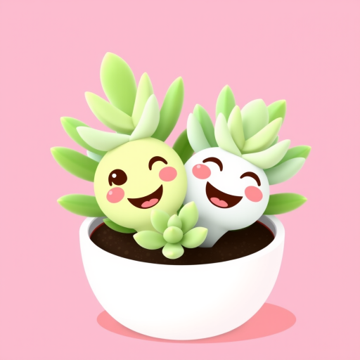 create a cute and smiling succulent plant in a white pot with a pink background, featuring two different facial expressions, one happy and one cheerful, with green leaves arranged artistically
