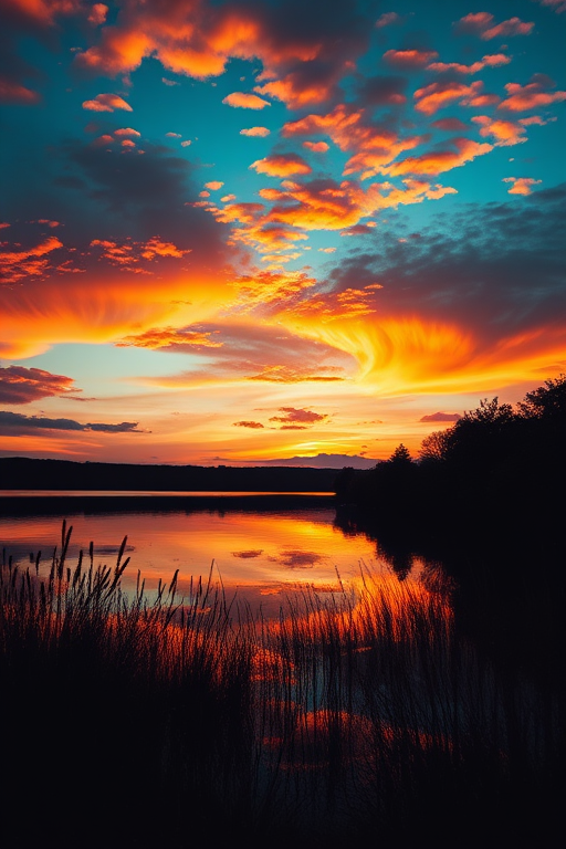 Create a high-resolution image of a serene sunset over a tranquil lake, captured with a Canon EOS R5, 24mm lens, f/8 aperture, ISO 100, using a wide-angle perspective to emphasize the vibrant colors in the sky and the calm water reflection.