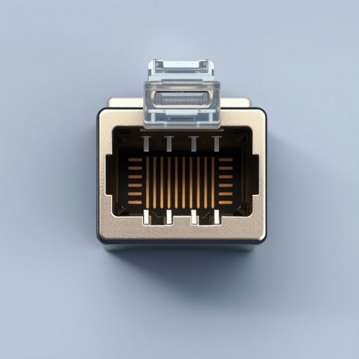Regenerate an illustration of an Ethernet connector from a top-down view, focusing on detailed pin arrangement and connector shape, camera settings: f/8 aperture, 1/125s shutter speed, ISO 100, camera view: top-down, camera style: flat lay, camera type: digital SLR.