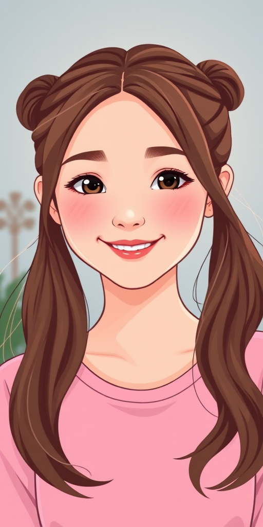 Create a vector-style illustration of a young woman with long brown hair in pigtails, round face with cheerful expression, wearing a pink top with blue accents, with a soft focus background, using a Canon EOS R5 with a 50mm lens at f/1.8, ISO 100, in a well-lit studio setting.