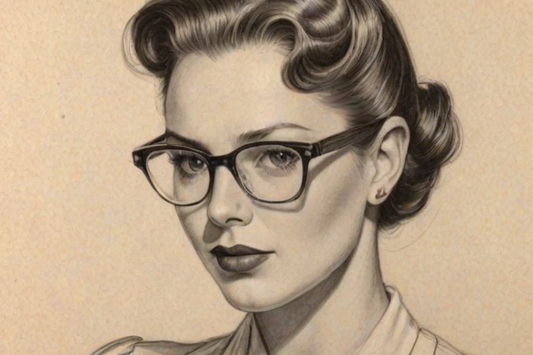 Beauteous Tanya Chisholm, pencil sketch, portrait of Beauteous woman 1938s in glasses, hair style beatnik, outline, clear lines, fine lines, 8k