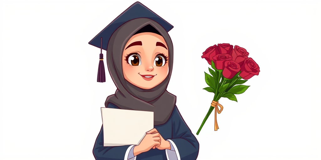Create a cartoon-style image of a female graduate wearing a hijab, holding a diploma and a bouquet of roses, with a plain white background, using a Canon EOS R5, 50mm lens, f/1.8 aperture, ISO 100, and a soft-focus effect.