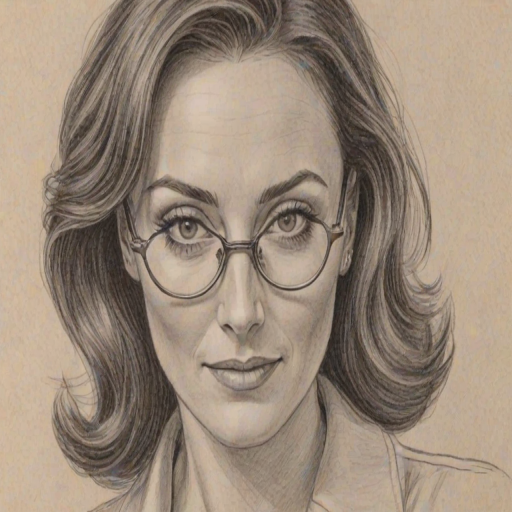 Splendid Laura Benanti, pencil sketch, portrait of Fetching woman 1948s in glasses, hair style beatnik, outline, clear lines, fine lines, 8k
