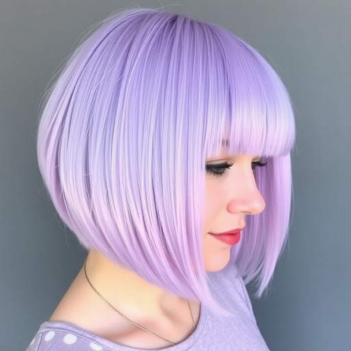 Pastel lavender bob with blunt ends and micro bangs, named "Lilac Dream," featuring a smooth, glass-like texture and hidden peek-a-boo panels of periwinkle underneath