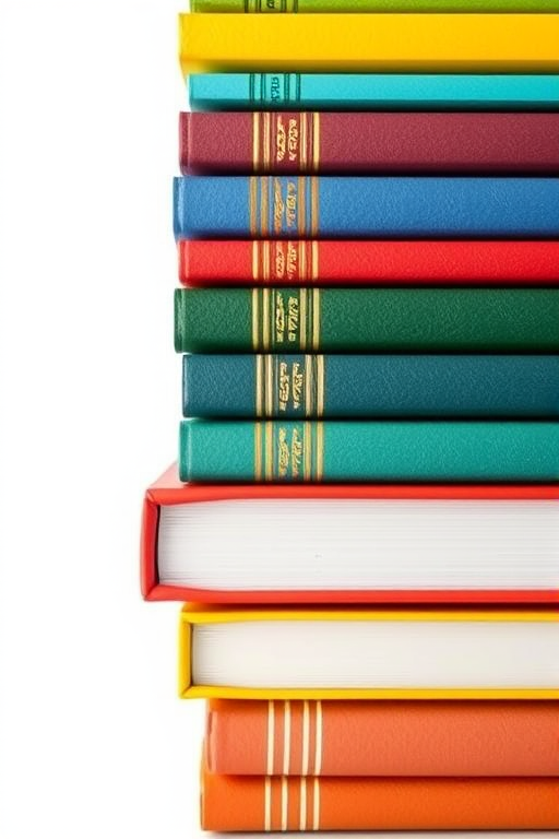 Create a high-resolution image of a stack of colorful books with a clean white background, using a macro lens, aperture f/2.8, ISO 100, 50mm focal length, soft diffused lighting, top-down view, digital illustration style.