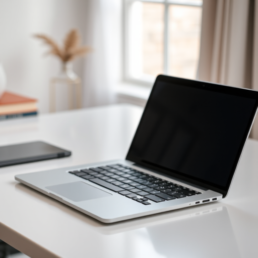 Create a high-resolution image of an open laptop on a minimalist desk, with a focus on the keyboard and screen, using a DSLR camera at f/2.8, ISO 100, and a 50mm lens, shot from a 45-degree angle, with soft natural lighting and a shallow depth of field to highlight the laptop's details.