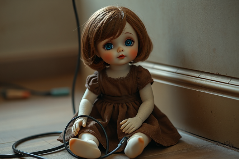 Create a digital art image of a vintage doll with a pale face and short brown hair, wearing a brown dress, sitting on the floor with a cable attached to it, high resolution, 4K quality, using a DSLR camera, f/1.8 aperture, 50mm lens, natural lighting, shallow depth of field.