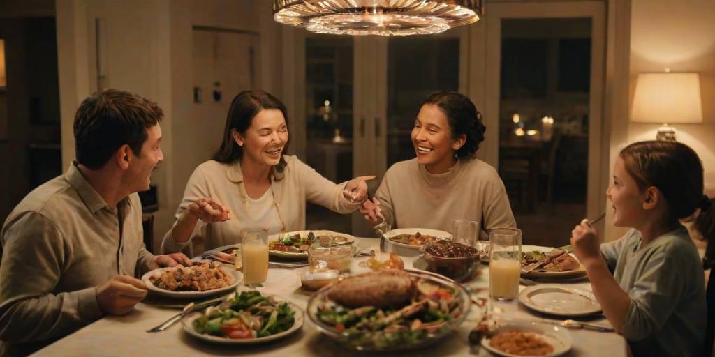 Warmly lit image of a family sitting around a dining table, sharing a meal, soft glow from the overhead light reflecting off plates of food, laughter and conversation filling the room, the smell of home-cooked dishes lingering in the air.