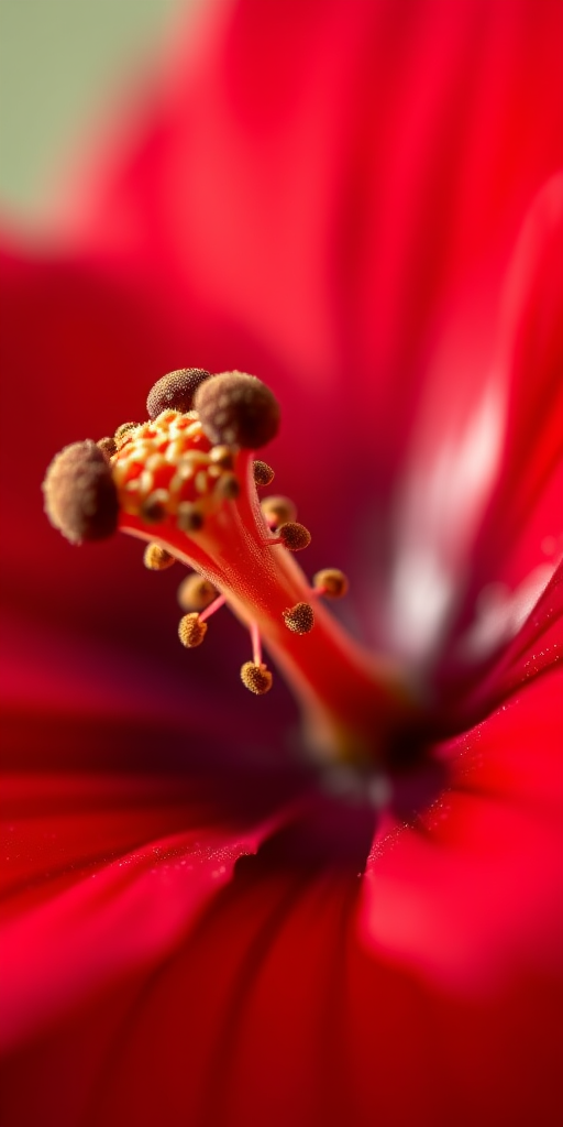 macro close-up of a vibrant red flower with detailed pollen structure, shallow depth of field, ISO 100, f/2.8 aperture, 100mm lens, natural light, DSLR camera