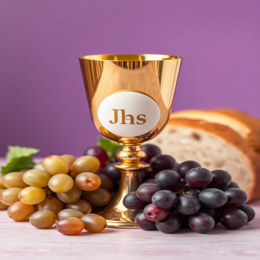 create an image of a chalice with a white host inscribed with JHS, surrounded by grapes and a loaf of bread, set against a soft gradient purple background, captured using a DSLR camera, 50mm lens, f/1.8 aperture, ISO 100, natural lighting, shallow depth of field to enhance the focus on the chalice and bread while softly blurring the background