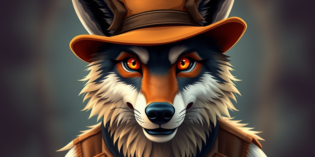 Create a colorful vector illustration of a stylized wolf character wearing a brown hat and a vintage vest, with vivid orange eyes and expressive fur, captured with a high-resolution DSLR camera using a 50mm lens, f/1.8 aperture, and soft diffused lighting for an artistic effect.