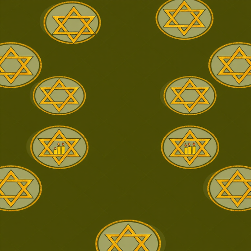 Create a seamless pattern featuring golden Star of David symbols within transparent circles, alternating with illustrations of candles, set against a dark olive-green diamond background, shot with a DSLR camera at f/8 aperture, ISO 100, 50mm lens, in soft natural lighting for enhanced texture and detail.