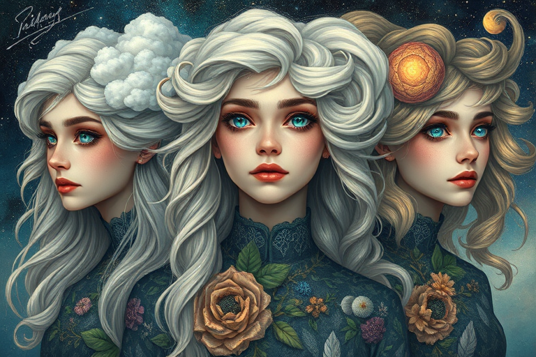 Create a series of imaginative portraits where each subject is infused with elements of fantasy and nature. The hair of the individuals should flow like clouds, varying from soft, fluffy cumulus to wispy cirrus strands, with hints of color reflecting a sunset or a clear blue sky. The eyes should be windows to entire galaxies, with stars, nebulae, and distant planets visible within them. Clothing should be adorned with nature motifs, such as floral patterns that bloom and change, vines that seem to grow and wrap around, or feathers that shimmer with iridescence. Each portrait should capture a unique personality, blending human features with the ethereal beauty of the natural and cosmic world. The backgrounds can vary, from starry night skies to enchanted forests, adding depth and context to the magical realism of the portraits