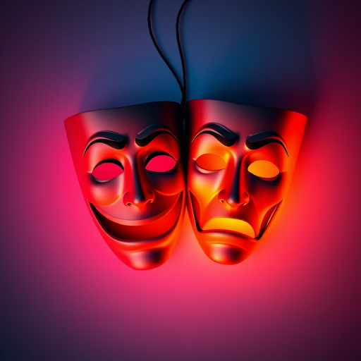 Generate a high-quality vector image of two theatrical masks representing comedy and tragedy, with a smooth gradient color transition from blue to orange, soft lighting, shot with a Canon EOS R5 at f/2.8, ISO 100, 50mm lens, top-down view, minimalist design style.