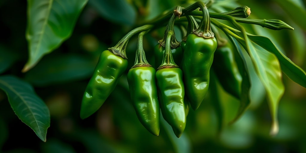 capture a close-up of green chili peppers on a plant with a soft-focus background, use a DSLR camera with a 50mm lens, aperture set to f/2.8, ISO 200, shutter speed 1/200s, shoot from a slight angle to highlight the texture and color contrasts
