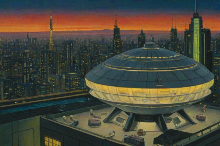 art by Peter Doig, H.N. Werkman, Anime, landscape of a The Starship Command Center, a sleek and modern spacecraft, stands tall in the middle of a bustling city. Its intricate design is illuminated by the soft glow of the setting sun, film camera, atmospheric perspective, aidmasoftglow