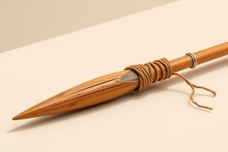 Create a high-resolution illustration of a wooden spear with a pointed tip, bound with natural fibers, resting on a flat surface, captured with a DSLR camera at f/2.8 aperture, ISO 100, 50mm lens, using a soft natural light setup to enhance textures and details.