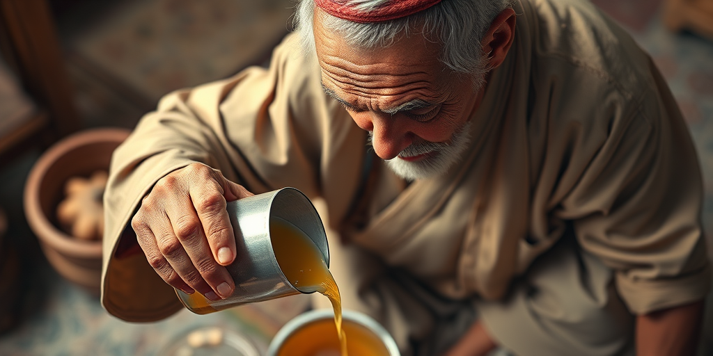 Create an artistic illustration of an elderly man in traditional attire carefully pouring a liquid from a container onto a surface, capturing fine details, with soft lighting, shot with a DSLR camera at f/2.8 aperture, ISO 100, 50mm lens, and top-down view for a sharp focus on the subject and a blurred background.