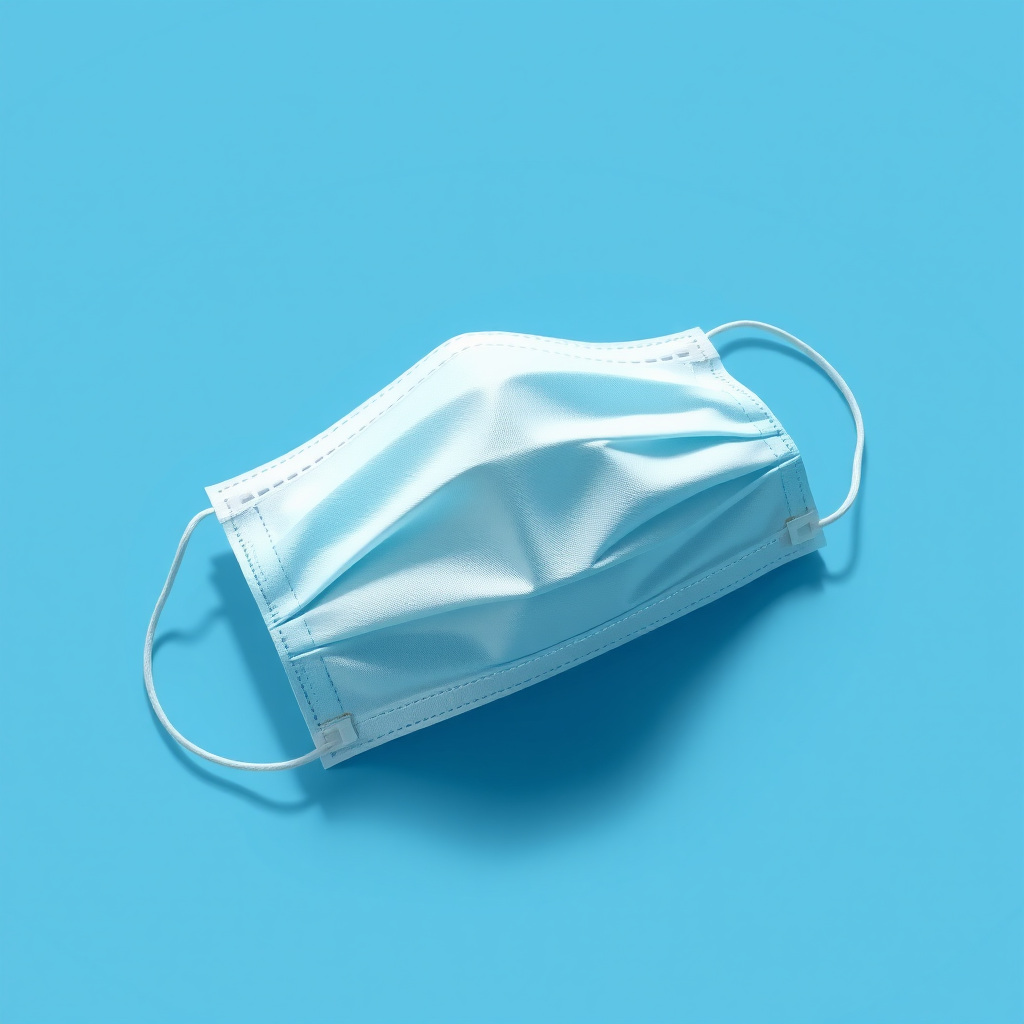 create a digital illustration of a surgical mask lying flat on a smooth blue background with soft shadows, use a high-resolution setting of 300 DPI, focal length of 50mm, aperture set to f/8, and a softbox lighting effect, using a digital camera style with realistic rendering techniques.