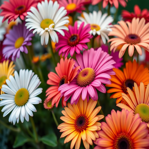 Vibrant close-up of assorted colorful flowers including daisies and gerberas in full bloom, shot with a Canon EOS R5, 50mm lens at f/2.8, ISO 100, natural light, shallow depth of field for a soft background blur.