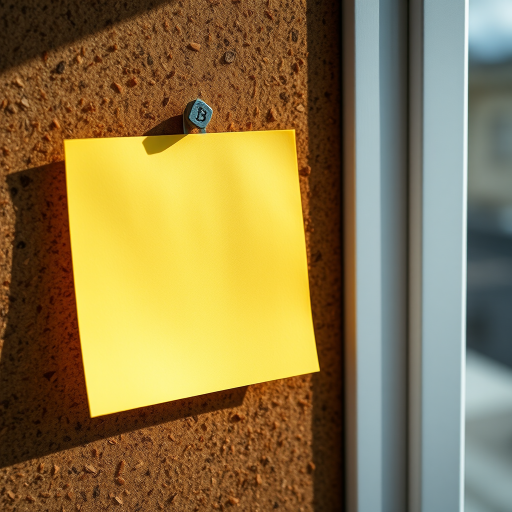 Create a high-resolution image of a blank yellow sticky note pinned to a corkboard with natural lighting, using a DSLR camera, f/2.8 aperture, ISO 200, 50mm lens, and a slight overhead view to enhance the texture and vibrancy of the note.