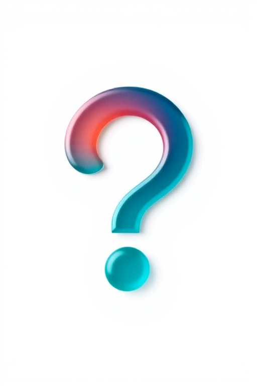 Create a vibrant and stylized question mark design with a smooth gradient from teal to a darker shade, center it on a plain white background, use a Canon EOS R5 camera, 50mm lens, f/2.8 aperture, ISO 100, and a macro view to enhance clarity and detail in the question mark's curves and colors.