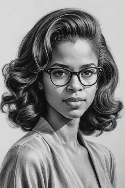 Graceful Ren'e Elise Goldsberry, pencil sketch, portrait of Fascinating woman 1943s in glasses, hair style beatnik, outline, clear lines, fine lines, 8k