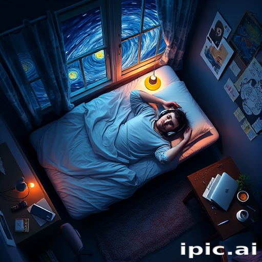 A top-down Van Gogh-style painting of a young man lying on his bed, listening to music with headphones. The room is softly lit with deep blues and purples, creating a peaceful nighttime atmosphere. The bed has a soft pillow, and the man's arms are resting behind his head. Around the bed, various glowing gadgets such as a smartphone, a laptop, and a small lamp are visible, casting a gentle light. The rest of the bedroom includes a desk with books, a chair, and a small rug on the floor. A window near the bed reveals a starry night sky with swirling stars, reminiscent of Van Gogh's 'Starry Night.' On the desk, there is a sketchbook with colorful drawings, a cup of coffee steaming gently, and a small potted plant. The walls have posters of famous paintings and a corkboard with pinned notes and photos. The scene is full of dynamic, swirling brushstrokes, capturing the essence of Van Gogh's unique style. The overall mood is serene and contemplative, with a touch of artistic inspiration.
