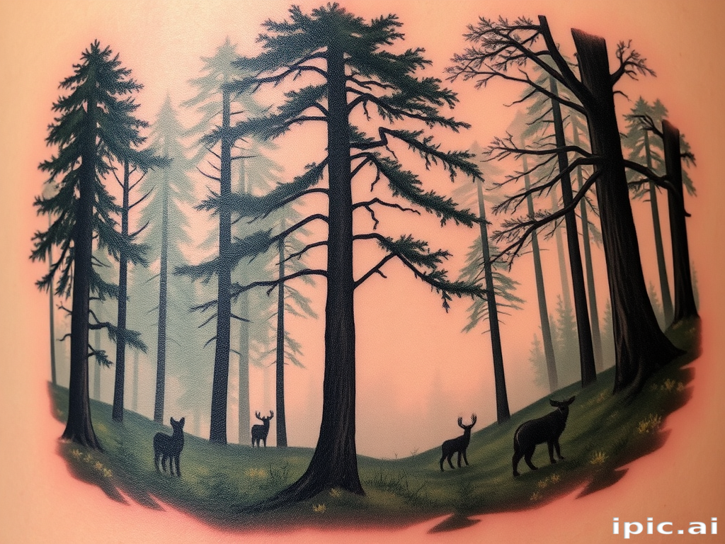 Realistic forest scene tattoo showcasing a misty landscape with towering trees, hidden wildlife, and dappled sunlight, capturing the serene atmosphere of an enchanted woodland