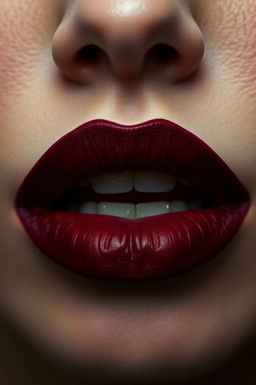 Deep burgundy lips with a matte velvet texture, rich and intense, perfect for creating a mysterious and alluring appearance