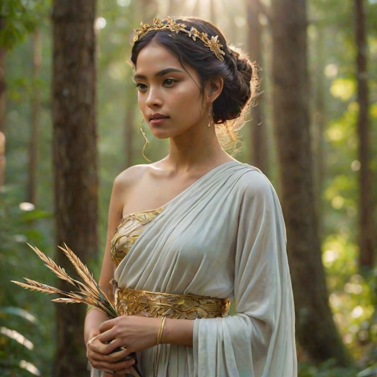 Create a portrait of a goddess-like Malay girl figure in a tranquil, forested environment. She has an elegant appearance with long, wavy hair styled in an updo and adorned with a delicate, floral headband. She wears a flowing, ancient Greek-inspired gown in a soft, pale color, featuring a one-shoulder design and draped fabric that accentuates her graceful form. The outfit includes a decorative belt with ornate gold detailing, and she holds a bow in her hand, with a quiver of arrows slung over her shoulder. The background depicts lush greenery, with sunlight filtering through the trees, casting a gentle, ethereal light on the scene. Her expression is calm and contemplative, embodying a sense of wisdom and serenity.