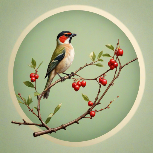 a colorful illustration of a bird perched on a branch with red berries, set against a soft green and beige background, with a circular light behind it, in a minimalist style