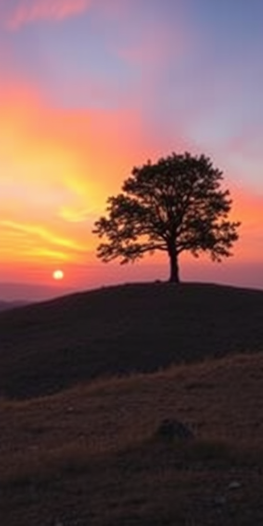 Create a high-resolution image of a minimalist landscape featuring a lone tree on a hill at sunset, with vibrant colors in the sky, taken with a DSLR camera at f/8 aperture, ISO 100, 1/250s shutter speed, shot from an eye-level angle, using a wide-angle lens for a broader perspective.