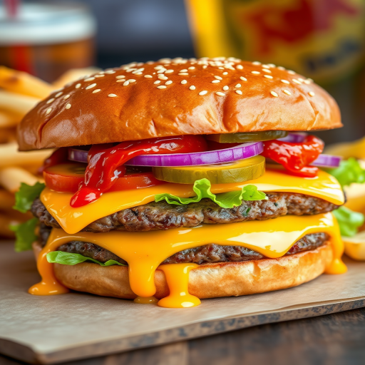 High-resolution, close-up image of a gourmet double cheeseburger. The burger features a glossy, sesame-seed-topped brioche bun. Inside, there are two thick, juicy beef patties, each topped with melted cheddar cheese. The burger is garnished with fresh lettuce, tomato slices, diced onions, and pickles. A generous amount of ketchup and a creamy, orange-colored sauce is dripping down the sides, adding to the mouth-watering appeal. In the background, there are blurred elements including a side of golden French fries and a hint of a beverage, enhancing the overall presentation of a delicious meal.