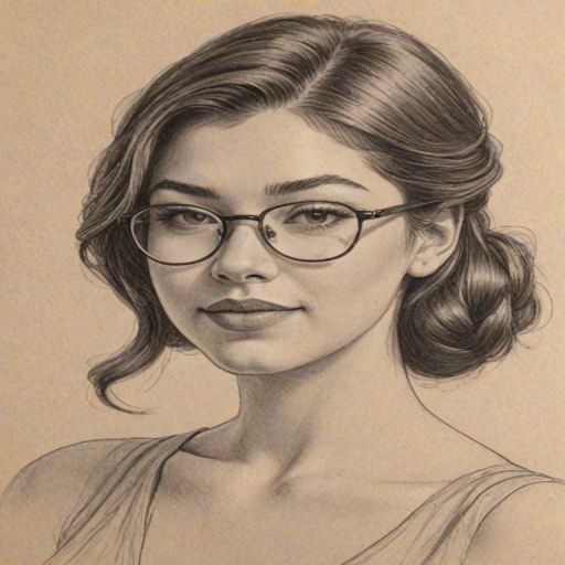 Beauteous Kira Kosarin, pencil sketch, portrait of Fascinating woman 1922s in glasses, hair style beatnik, outline, clear lines, fine lines, 8k
