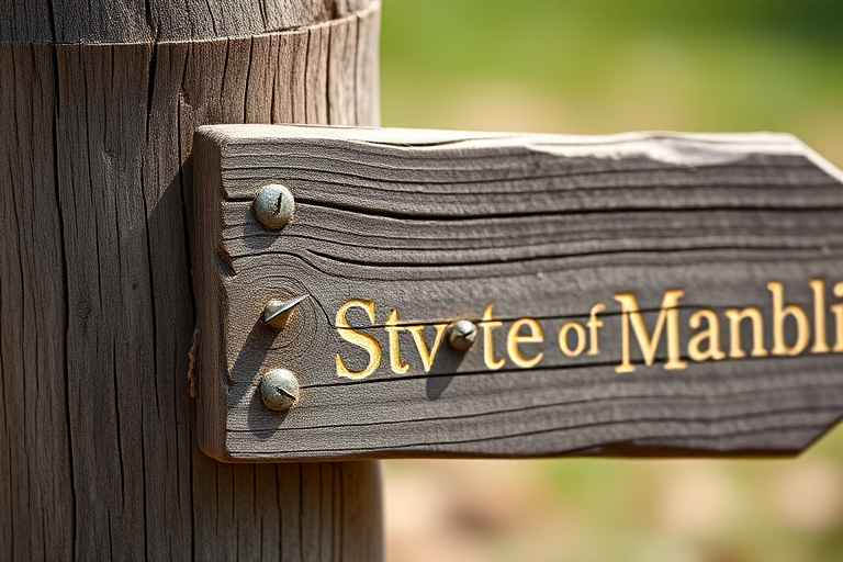 Generate a high-resolution image of a wooden signpost, captured with a DSLR camera at f/4 aperture, 50mm lens, ISO 200, natural light, focus on the texture of the wood and the details of the nails.