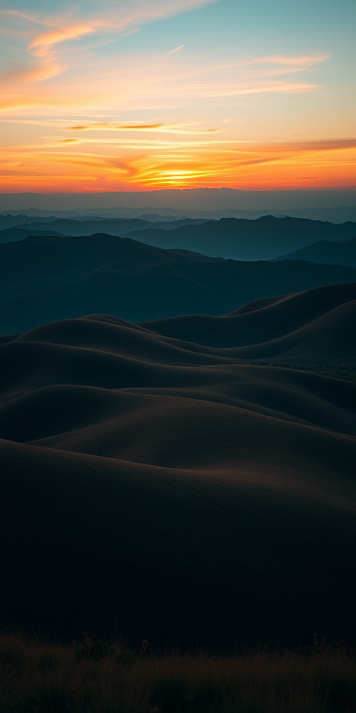 Generate a high-resolution image of a serene landscape featuring rolling hills and a colorful sunset, captured with a Canon EOS R5, 24mm lens, f/8 aperture, ISO 100, using a wide-angle view to enhance depth and perspective.