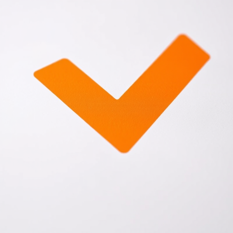 Regenerate an image of a large orange check mark on a plain white background using a DSLR camera with aperture f/2.8, shutter speed 1/200s, ISO 100, in a close-up macro view to enhance image quality.