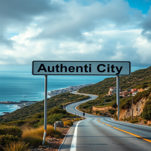 Create a hyper-realistic image of a road sign that reads "Authenti City" with a coastal view, a winding road leading to the horizon, cloudy skies above, shot with a DSLR camera at f/8, ISO 100, 24mm lens, in natural lighting, focus on vibrant colors and sharp details.