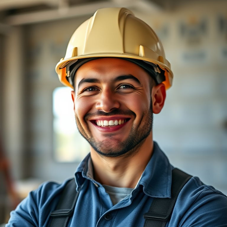 Create a high-resolution digital illustration of a smiling construction worker wearing a helmet, in a professional setting, shot with a Canon EOS 5D Mark IV at f/4, 50mm lens, natural lighting, and a slight low-angle perspective to enhance depth.