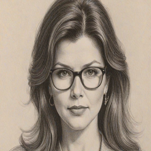 Alluring Daphne Zuniga, pencil sketch, portrait of Bewitching woman 1977s in glasses, hair style beatnik, outline, clear lines, fine lines, 8k