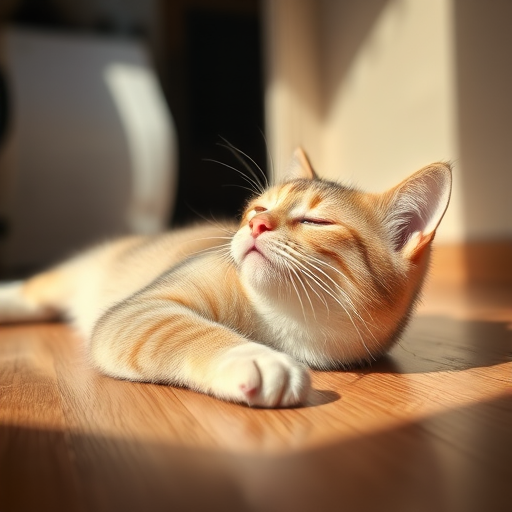 Softly focused close-up of a cat stretching out in a sunbeam on a hardwood floor, its fur gently illuminated by the soft light, with dust particles dancing in the air and a faint purring sound almost audible.