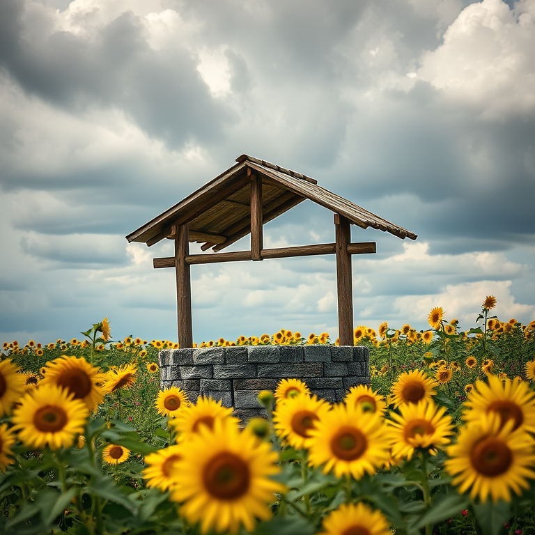 A rustic well surrounded by a vibrant field of sunflowers under a cloudy sky, captured with a Canon EOS R5, 50mm lens, f/1.8, ISO 100, shutter speed 1/200s, shot from a low angle to emphasize the flowers in the foreground and the well in the background, using soft focus for a dreamy effect.