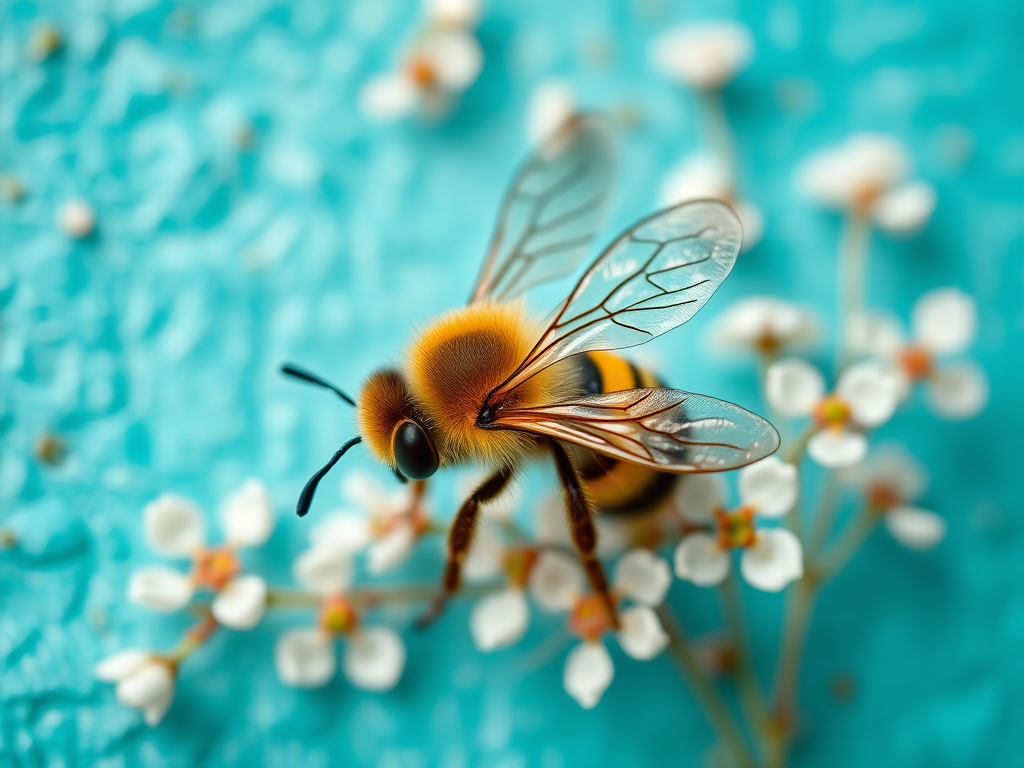 Create an artistic illustration of a bee on a textured turquoise background with delicate white floral elements, using a Canon EOS 5D Mark IV with a 50mm f/1.8 lens at f/4, ISO 100, 1/125 sec, capturing intricate details in shallow depth of field.