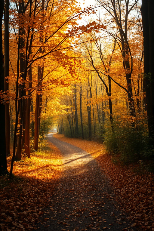 A serene autumn forest scene with golden leaves falling gently from trees illuminated by soft sunlight creating a warm and peaceful atmosphere with a winding path covered in fallen leaves