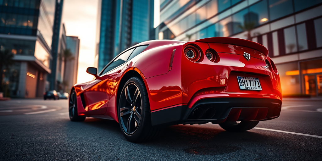 Generate a high-resolution image of a sleek red sports car parked in a modern urban setting during sunset, using a DSLR camera with a 50mm lens, aperture f/1.8, ISO 200, and a low angle view to highlight the car's curves and reflections.